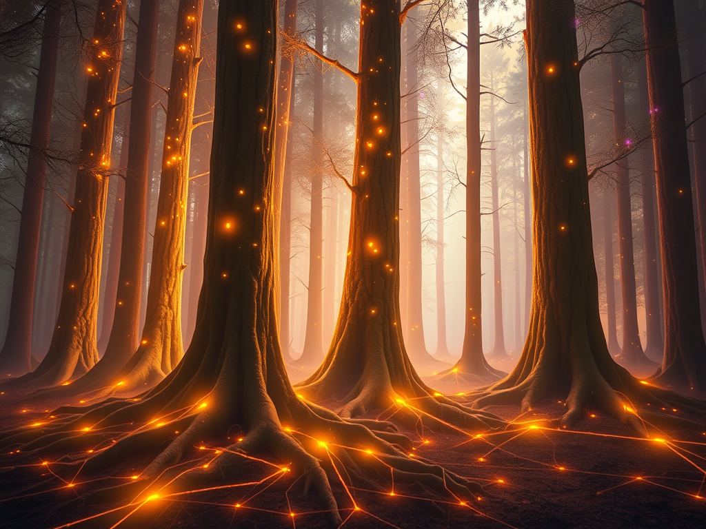 "A group of tall glowing trees in a mystical forest, their roots underground glowing and visibly connected like a network, golden and purple aura, symbolizing hidden unity and shared strength."