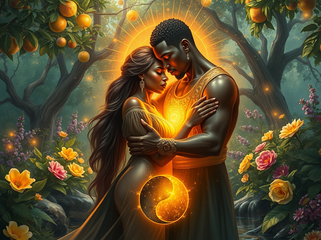 "A highly detailed digital painting of a divine couple in a cosmic embrace — the woman glowing with ethereal feminine energy, wearing flowing robes, the man radiating golden masculine energy with a protective aura. They stand in a lush Eden-like garden filled with fruit trees, flowers, and shimmering light particles. Their reflection in a nearby stream appears as a yin-yang energy pattern."