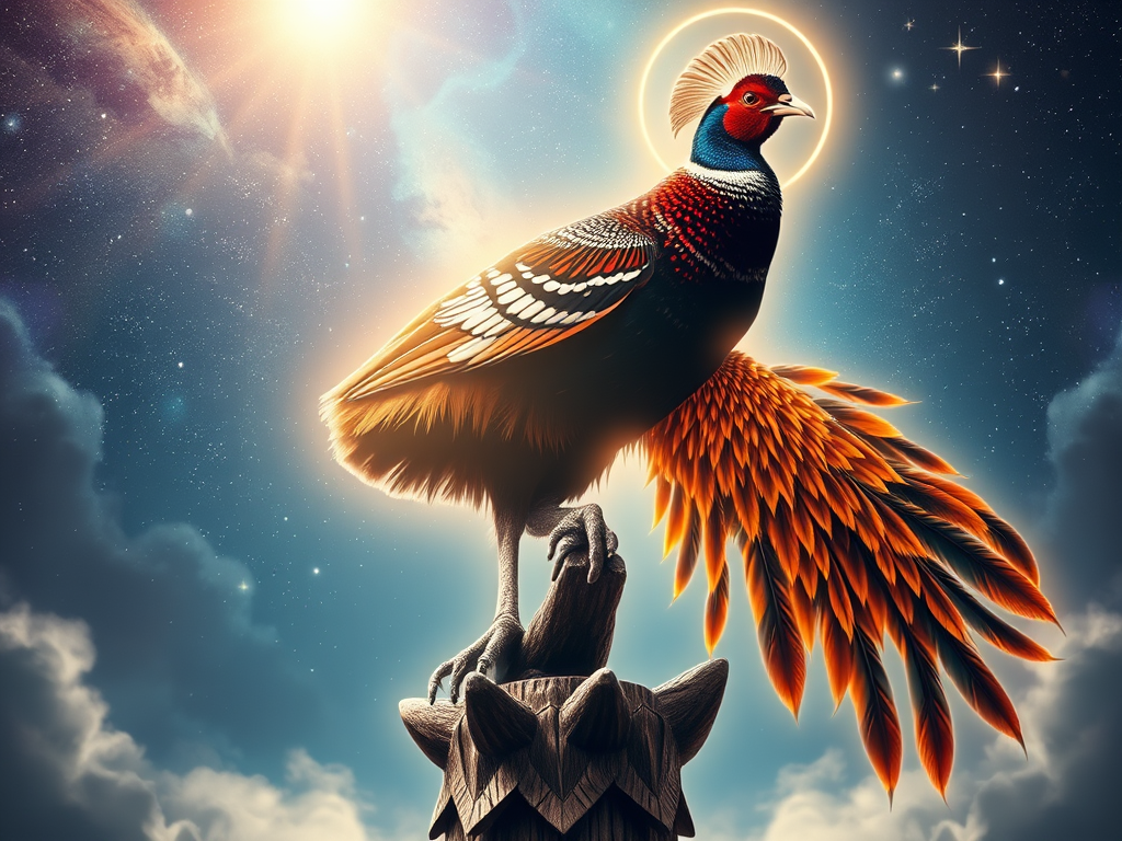 A majestic pheasant standing atop a spirit totem carved from wood, glowing animal energy around it, feathers forming a protective halo, cosmic sky behind with stars forming sacred geometric shapes, earthy tribal aesthetics