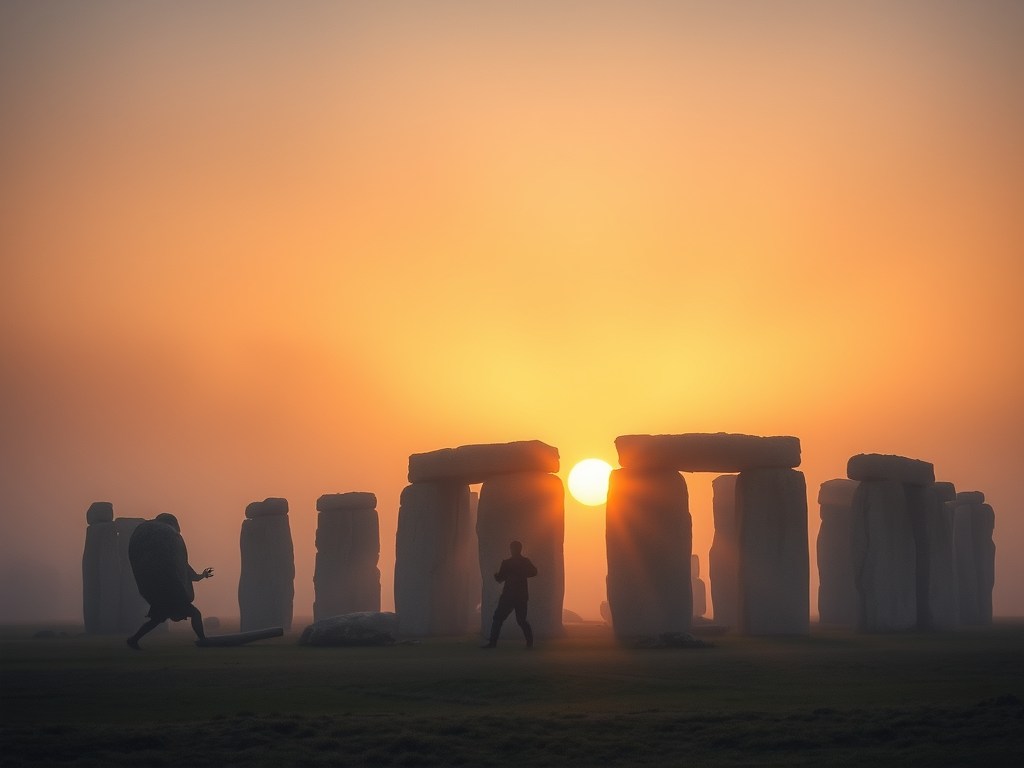 A misty dawn over Stonehenge. In the distance, ghostly silhouettes of giants walk across the hills, their footsteps shaping valleys, while one giant lifts a massive stone into place.