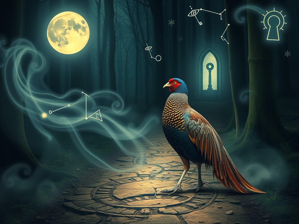 A mystical pheasant appearing on a moonlit forest path in a dreamlike setting, swirling mist, ethereal dream symbols in the air (eyes, doors, keys), faint constellation outlines above, surreal and symbolic, slightly whimsical atmosphere