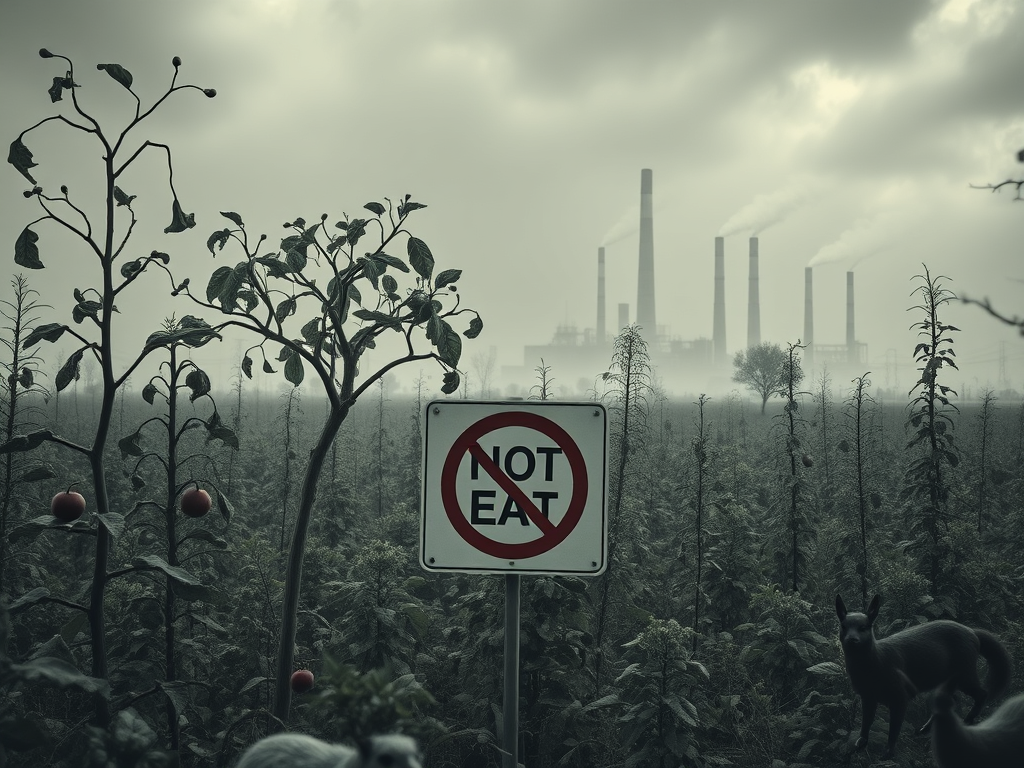 A once-lush Eden garden now greyed by pollution, with a Monsanto-like factory in the distance, wilted plants, animals looking on in sadness, and a “Do Not Eat” sign in front of an apple tree, apocalyptic yet symbolic vibe.