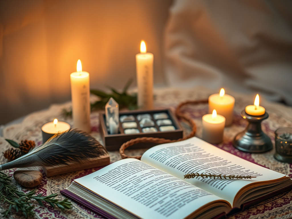 A peaceful altar scene: pheasant feather placed on a crystal grid, open journal, candlelight flickering near sacred herbs, meditative background with soft spiritual colors, perfect setting for ritual or guidance