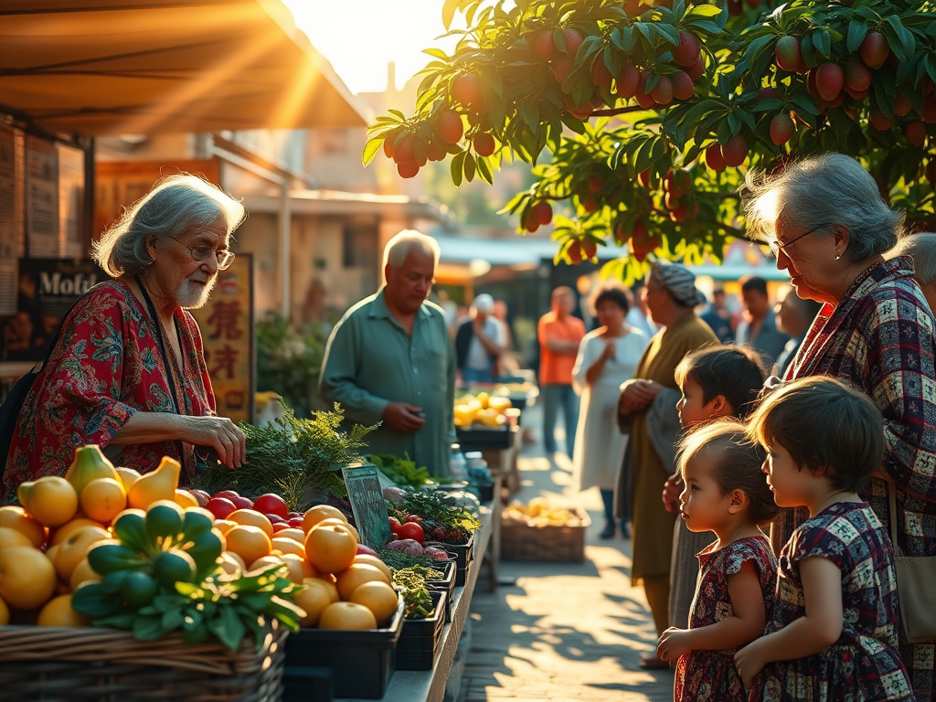 a peaceful community market with vibrant organic produce elders sharing