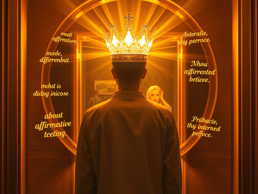  A person standing tall before a mirror, crown glowing, with affirmations floating around them like golden light.