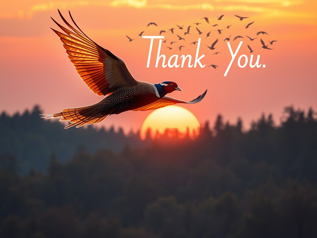 A pheasant flying toward the sunrise with divine light behind, flock of spirit birds forming “Thank You” in feathers above the forest horizon, ethereal sky gradient, warm community energy and spiritual growth implied visually

