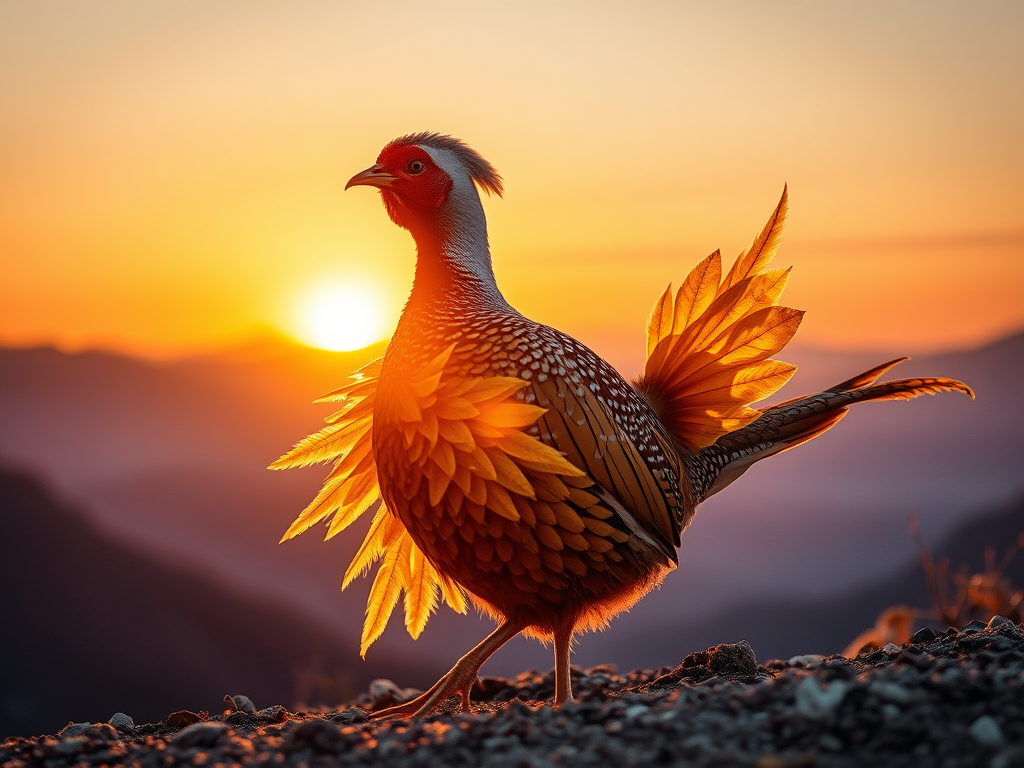 A pheasant mid-molt with glowing feathers transforming into golden leaves, metaphoric rebirth imagery, background shows sunrise breaking over mountain ridges, symbolizing spiritual awakening and renewal

