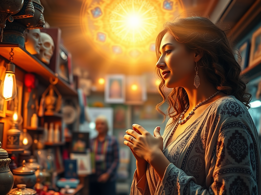 A radiant woman placing her hand over her heart while purchasing from a small spiritual shop, energy connecting her to the vendor, golden light forming a sacred exchange between them, celestial sky overhead.