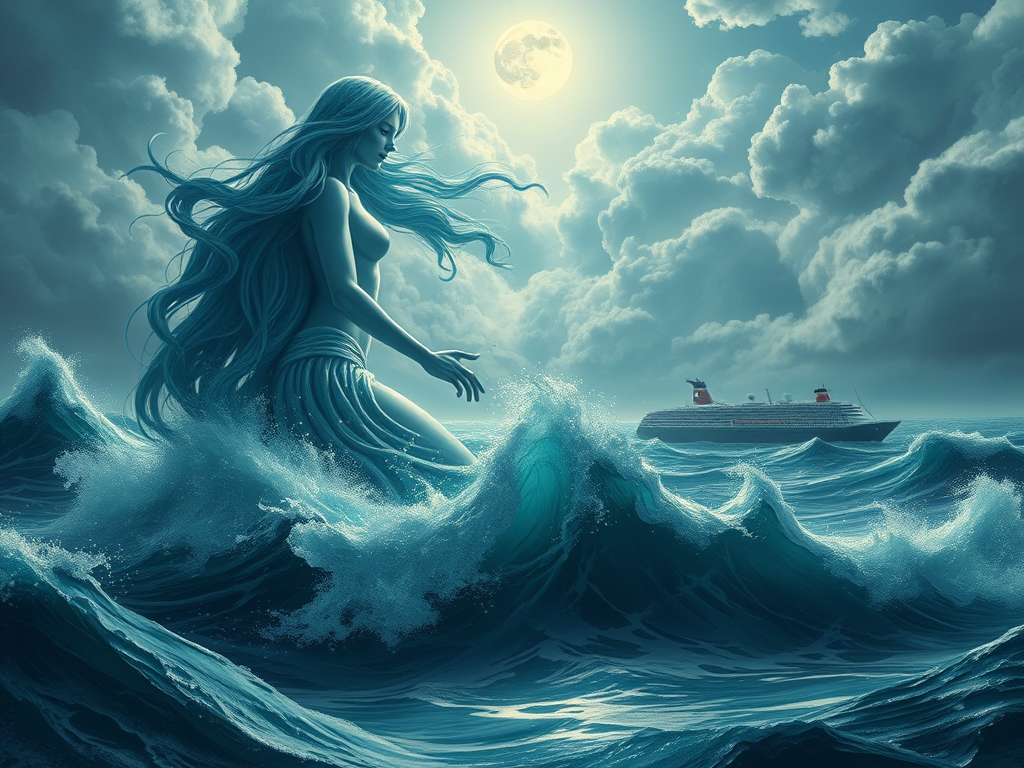 A semi-realistic digital painting of Mother Ocean as a powerful goddess rising from the waves, her skin a shimmering blue-green, with flowing hair that blends into the water. In the distance, a large cruise ship releases pollution into the sea. Storm clouds gather above, moonlight breaking through, creating a sense of divine warning. The tone is both beautiful and ominous, capturing the sacred and the urgent.

