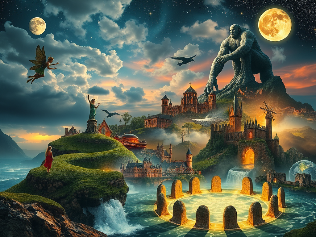 A vast mythical collage: a giant striding across chalk hills, fairies dancing in a glowing mound, witches flying under a full moon, a flood swallowing a medieval city, and a circle of stones glowing under starlight—all woven into one dreamlike landscape.