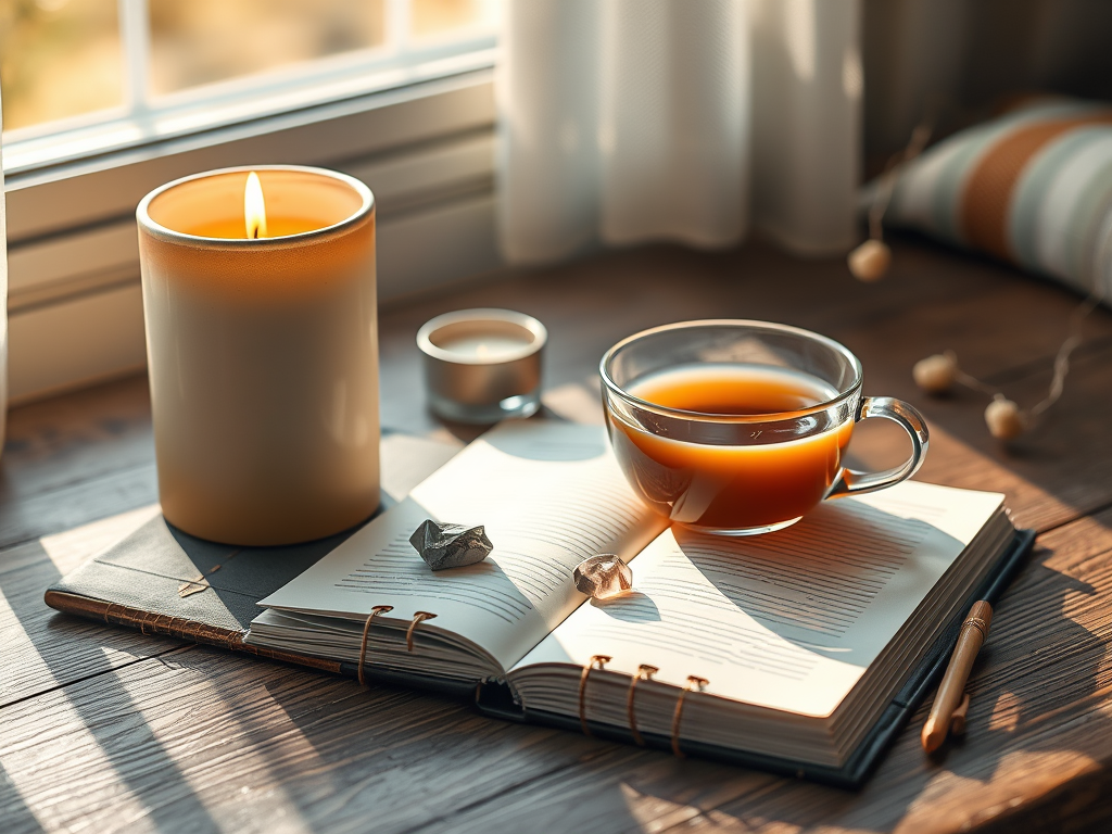 A cozy spiritual journal setup with a candle, crystals, and a cup of tea, lit by morning sunlight.