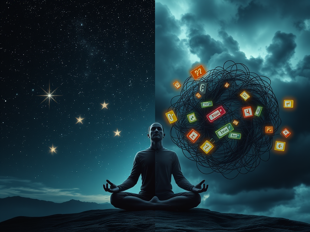 AI Image Prompt:
A split-scene image: one side shows a calm person in meditation under a starry sky with glowing signs floating around them, the other side shows a cluttered mind with tangled thoughts and grey clouds, surreal and symbolic.