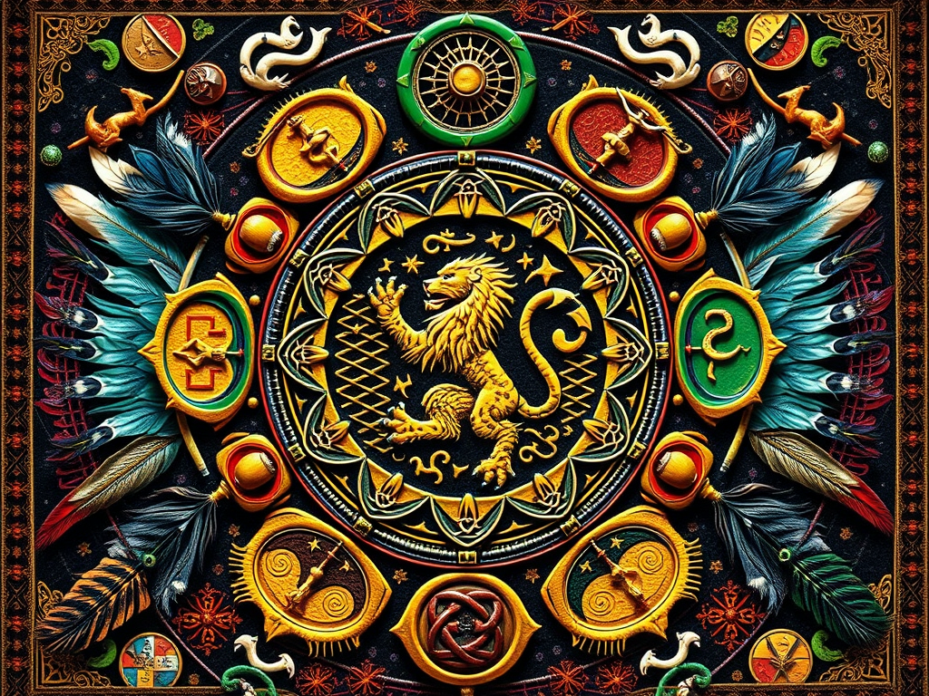 AI Image Prompt:
A visual tapestry blending symbols from all six cultures — feathers, palm nuts, I Ching coins, Celtic knots, sacred animals, and the Rastafarian lion — arranged in a cosmic mandala.