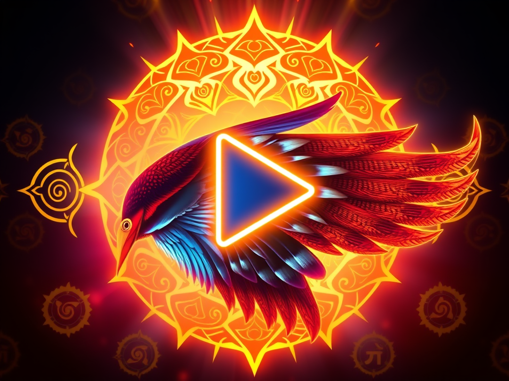 An animated-style glowing “Play” button surrounded by pheasant feathers, spirit symbols and radiant tribal marks, bird wing morphing into a waveform, representing spiritual storytelling through video, energetic and inviting

