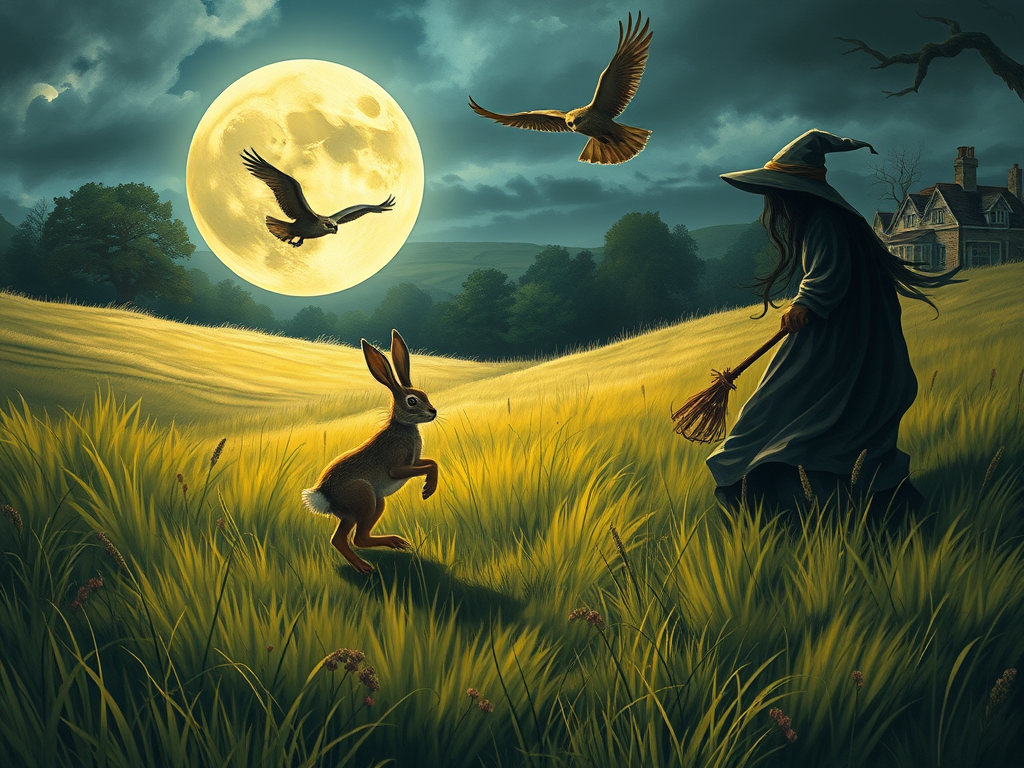 : An English countryside under a full moon. A hare runs across the meadow. Its shadow stretches into the form of a cloaked witch. An owl flies overhead, watching.