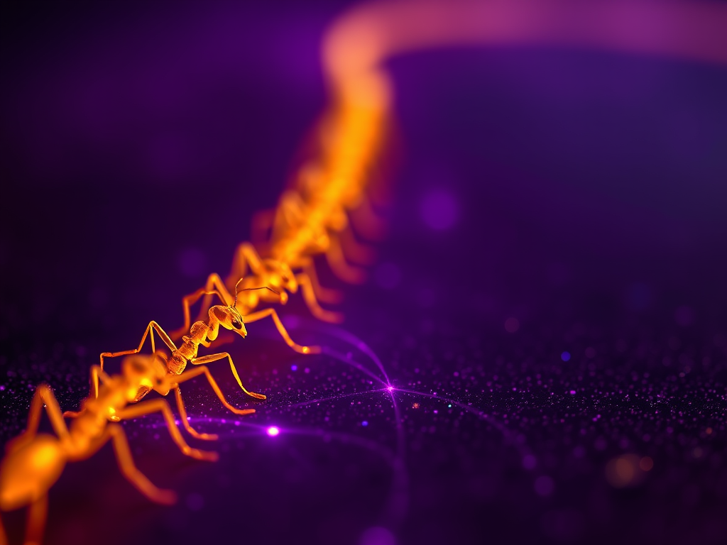 "Close-up of glowing golden ants marching in a straight line across a cosmic purple pathway, light trails connecting them to symbolize unity and shared strength, minimalist mystical design."