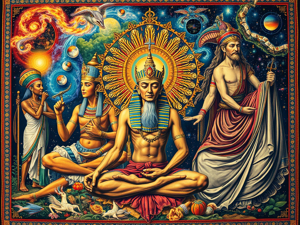 (“Cultural Lore”): “A tapestry of astral depictions—Egyptian ‘Ba’, Tibetan meditator, Amazonian shaman, Greek philosopher—interwoven in mystical collage.”