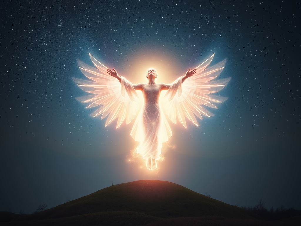 “Ethereal luminous figure ascending from a meditating body, set against a cosmic starry backdrop, symbolizing transcendence and astral light.”