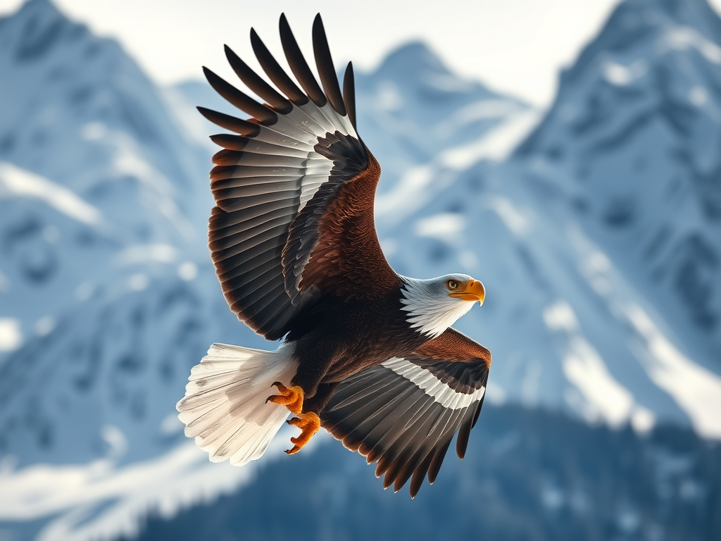 image prompt a bald eagle in flight over snowy mountains