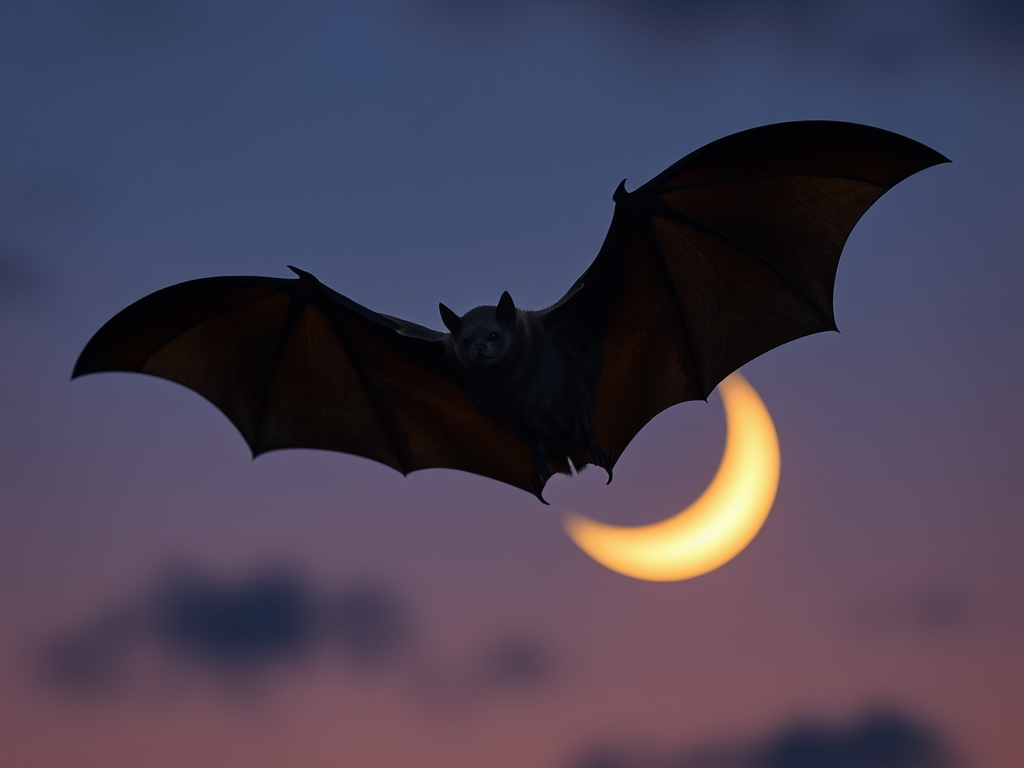 image prompt a bat in mid flight against a twilight sky