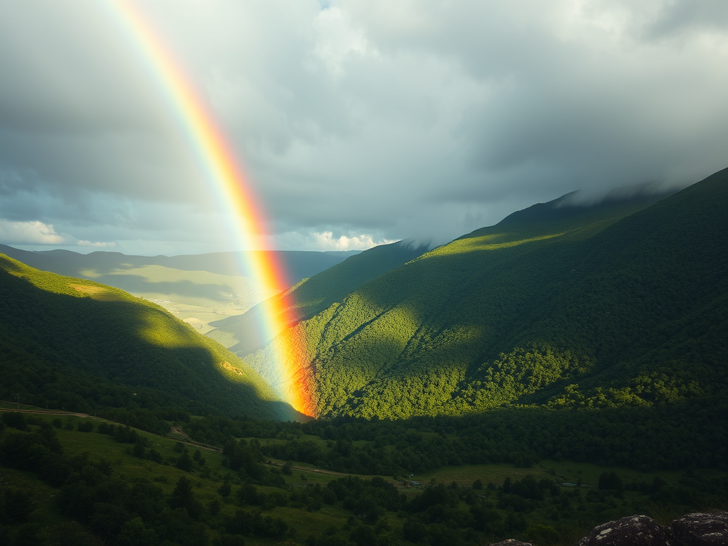 image prompt a brilliant double rainbow stretching across a lush