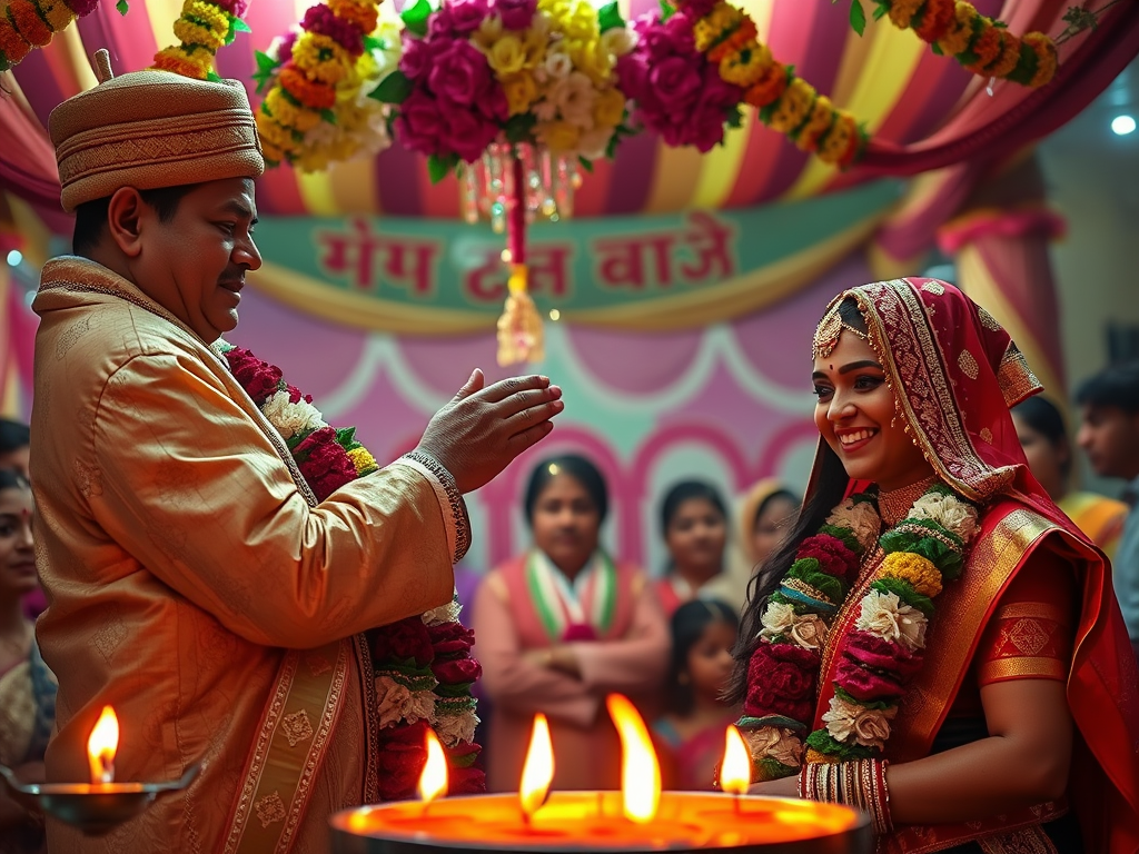 Image Prompt: "A colourful Indian wedding under a floral canopy, with oil lamps and a priest blessing the couple."