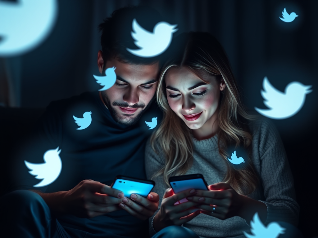 Image Prompt: "A couple sitting side-by-side, but instead of facing each other, they face glowing phone screens, while ghostly social media icons float around them."