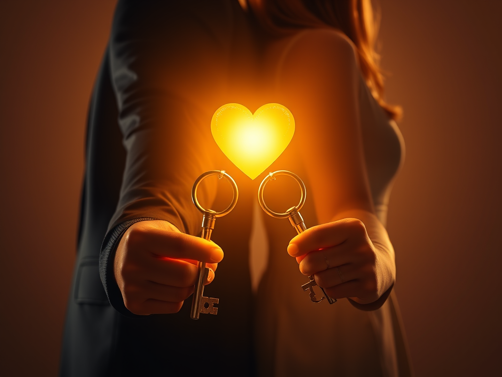 Image Prompt: "A couple standing back-to-back, each holding a glowing key that unlocks a shared golden heart above them."