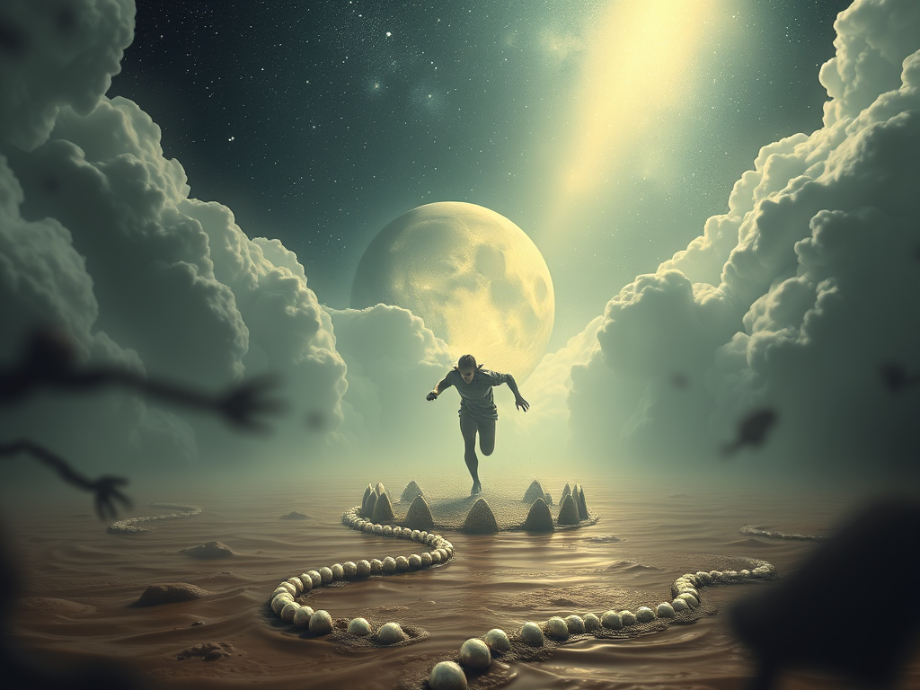 🖼️ Image Prompt: A dreamscape showing a person chased by shadows, dropping teeth like pearls, with muddy water below and stars above symbolizing awakening.