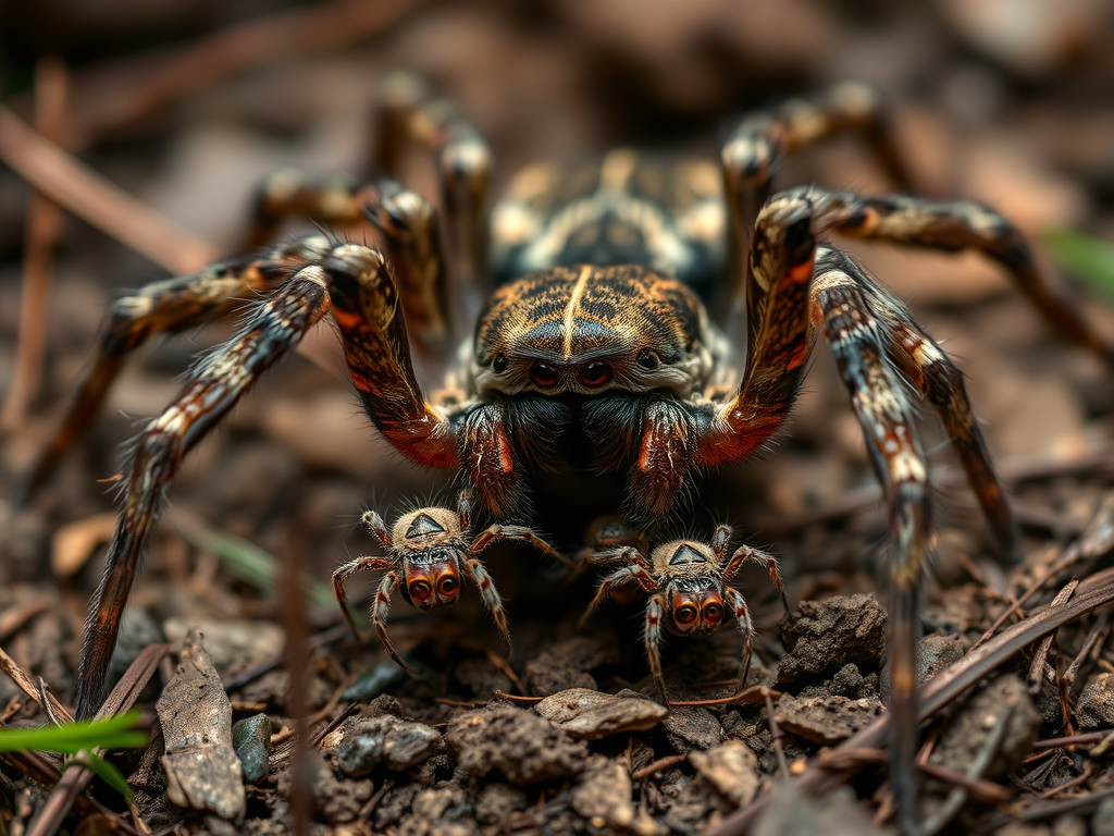 image prompt a fierce wolf spider on forest ground carrying