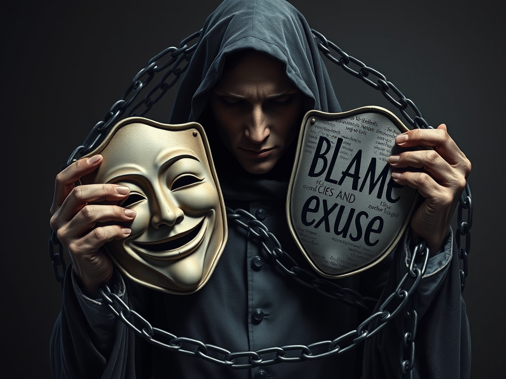 🖼️ Image Prompt: A figure holding two masks — one smiling with scripture written on it, the other shadowed with the words “blame” and “excuse” — while chains of guilt swirl around them.