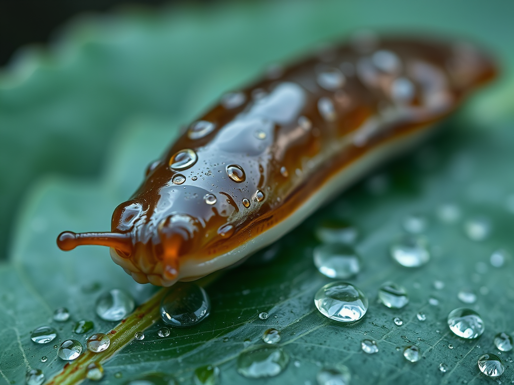 image prompt a glistening slug moving across a leaf in