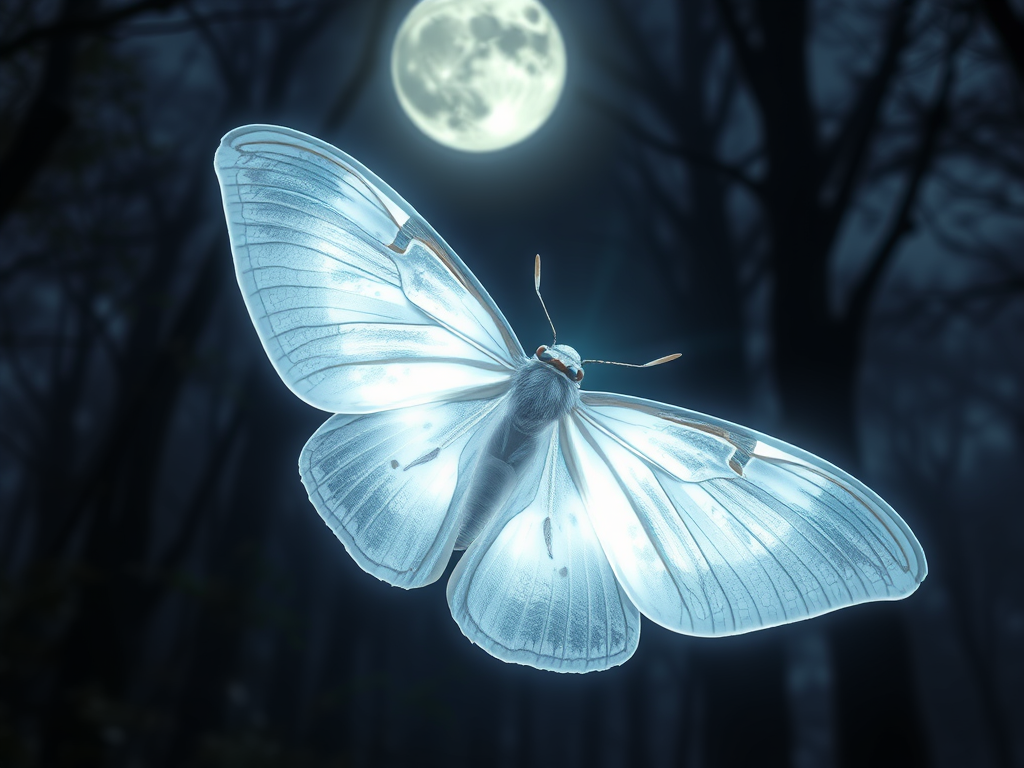 image prompt a luminous white moth hovering in moonlight faint