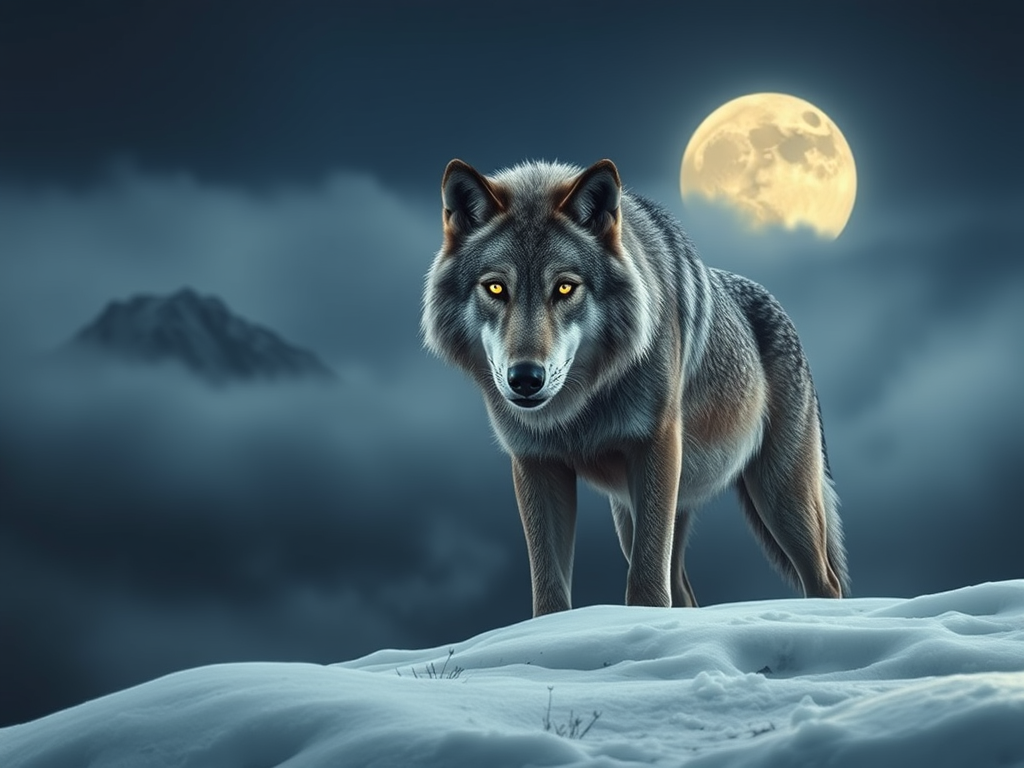 image prompt a majestic grey wolf standing on a snowy