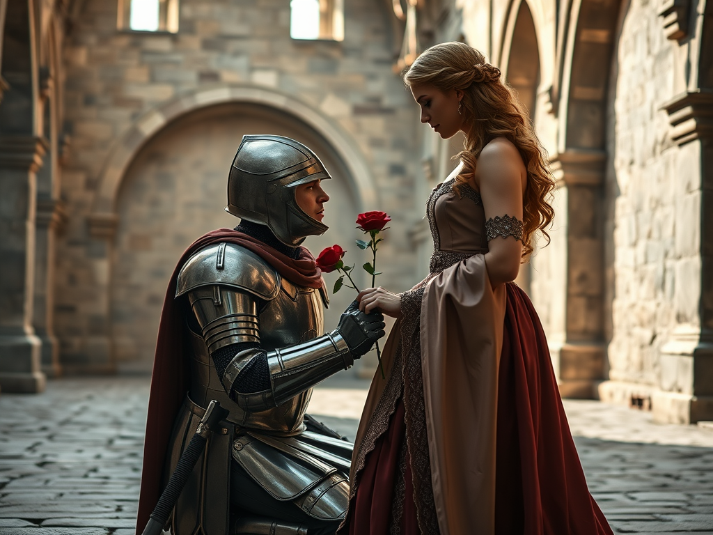 Image Prompt: "A medieval knight kneeling before a lady in a castle courtyard, offering her a red rose."