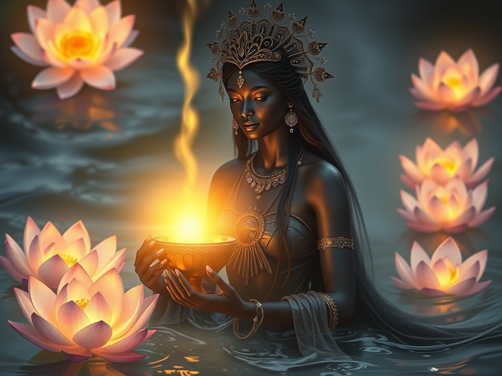 Image Prompt: "A radiant goddess-like woman surrounded by glowing lotus flowers and flowing water, holding a golden chalice of light."