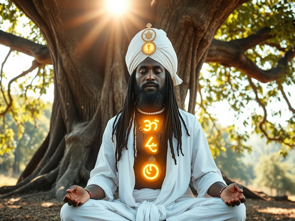 Image Prompt: "A serene warrior meditating under a giant tree, with golden light radiating from his chest and protective runes glowing in the air."