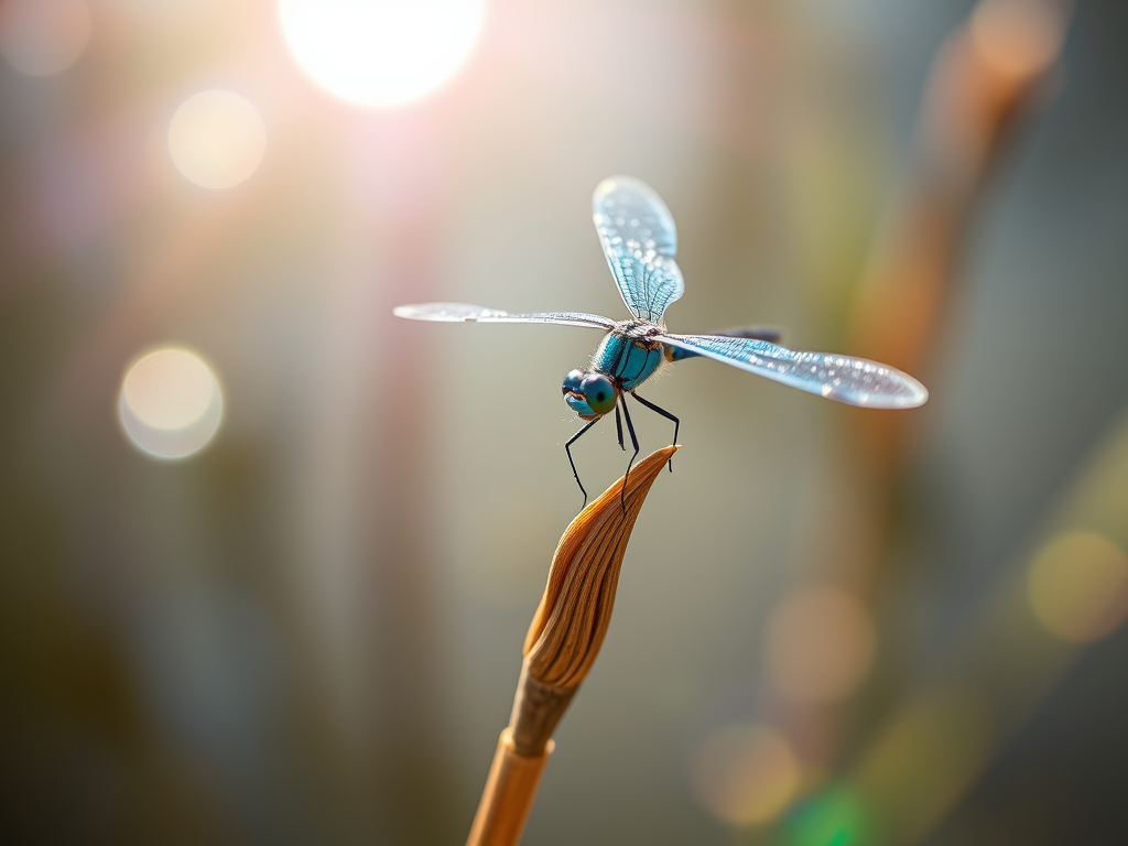 image prompt a shimmering blue dragonfly perched on a reed