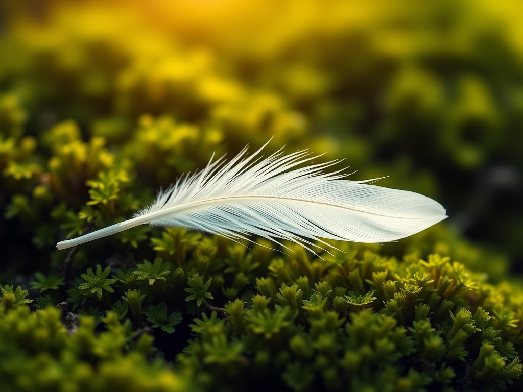 image prompt a single white feather resting on green moss