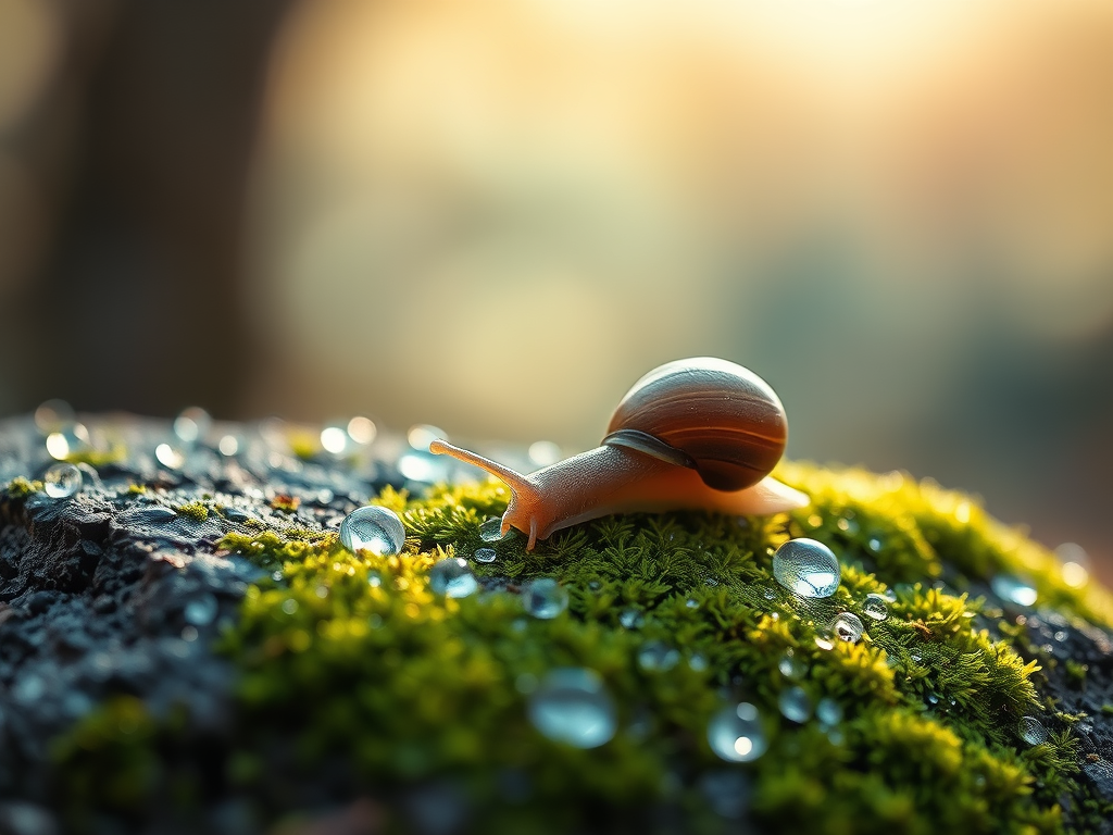 image prompt a snail slowly moving along a moss covered rock