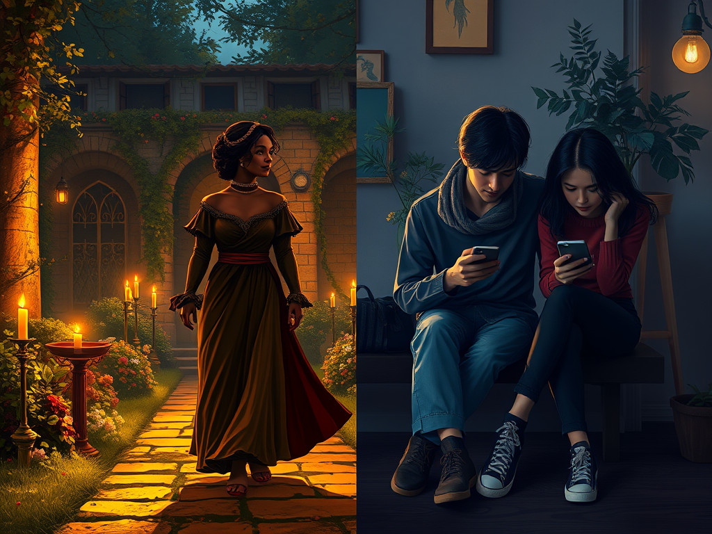 Image Prompt: "A split-scene digital painting — one half showing a medieval couple walking hand-in-hand through a candlelit garden, the other half showing a modern couple sitting together but distracted by smartphones."