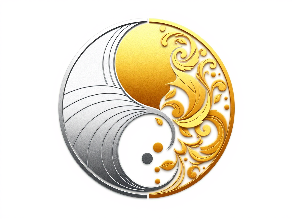 Image Prompt: "A split yin-yang symbol — one half golden with geometric lines (masculine), the other half silver with flowing floral patterns (feminine)."