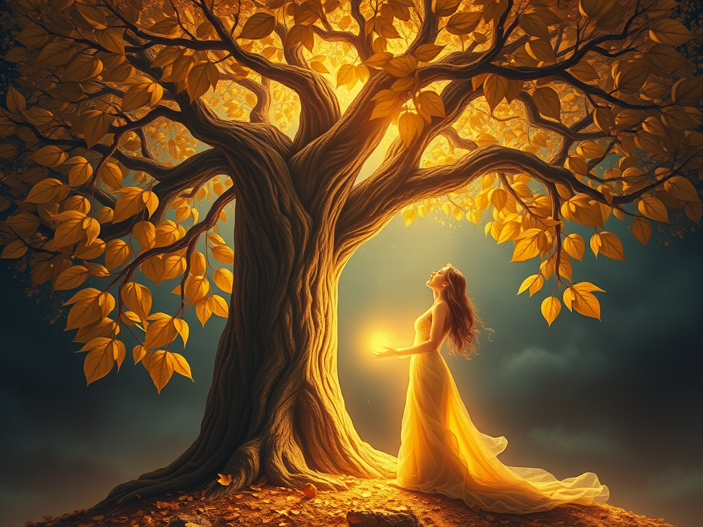 Image Prompt: "A surreal digital painting of a man shaped like a sturdy tree with golden leaves, and a woman emerging as ripe glowing fruit, with light flowing between them."