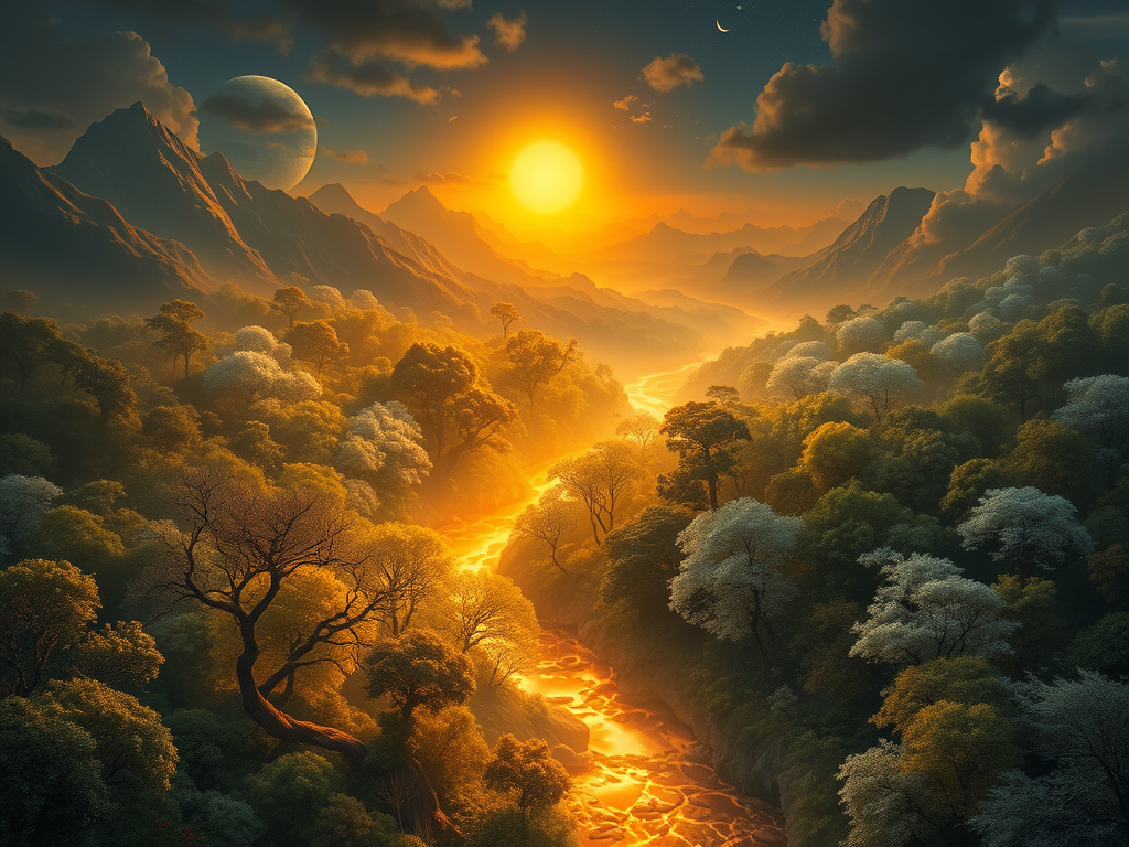 Image Prompt: "A surreal Garden of Eden scene with a glowing river running between a golden sunlit forest and a silver moonlit forest, merging into one."