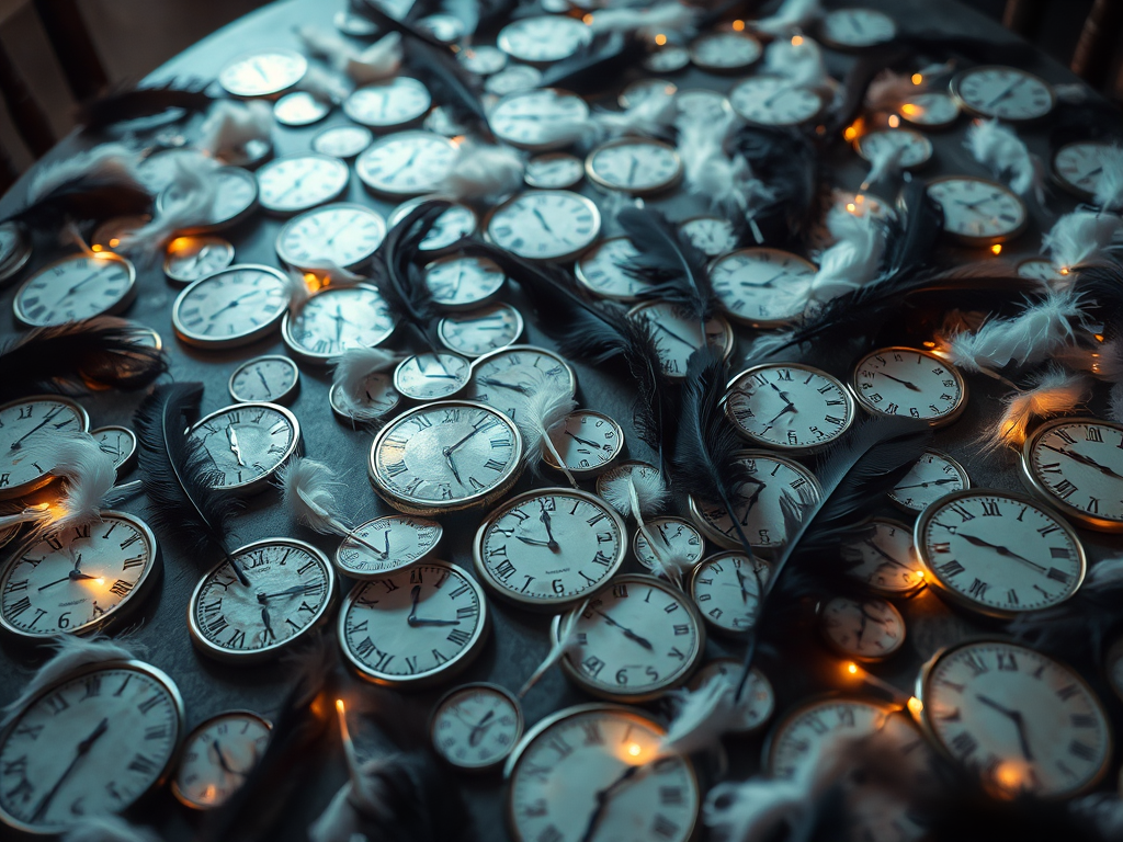 image prompt a table covered in scattered clock faces feathers