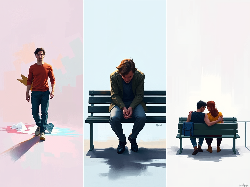 Image Prompt: "A triptych digital painting showing three panels: one of a confident person walking alone, one of someone sitting on a bench looking sad, and one of a couple sitting together but looking away from each other."