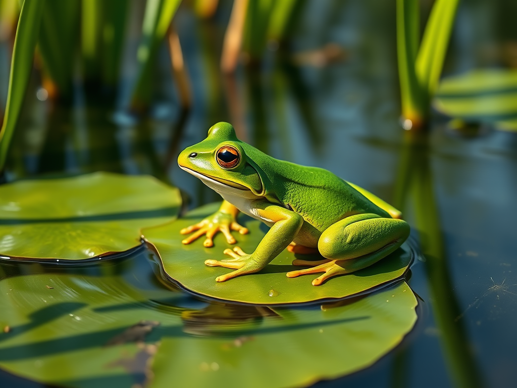 image prompt a vibrant green frog sitting on a lily
