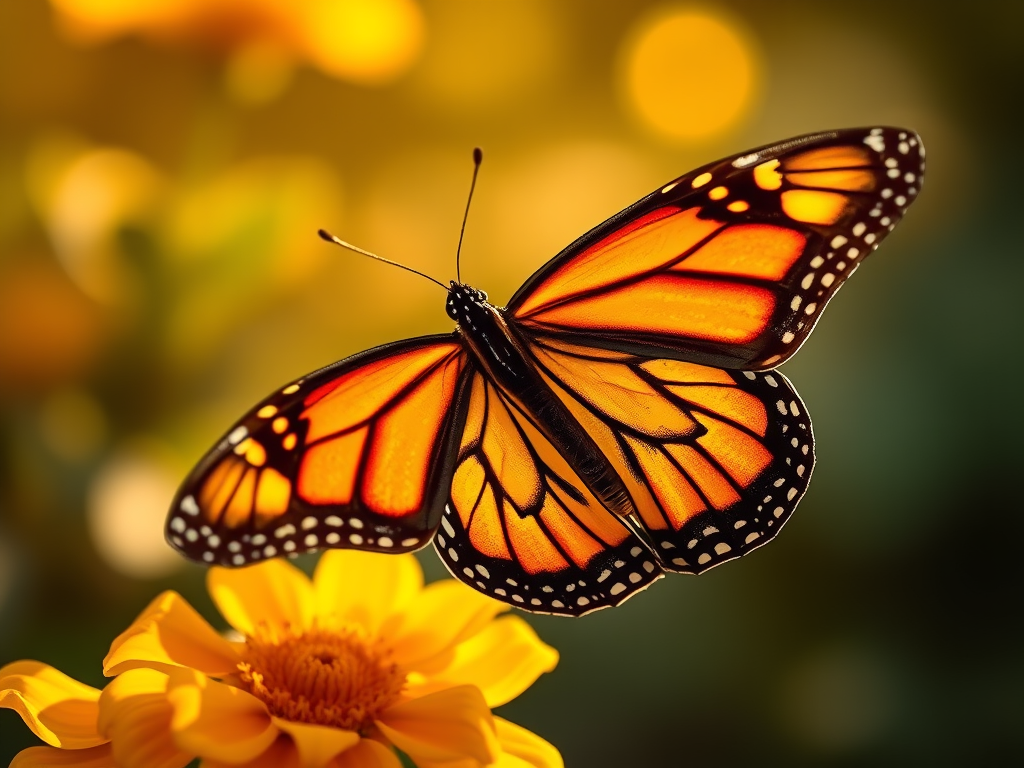 image prompt a vibrant monarch butterfly hovering over a blooming