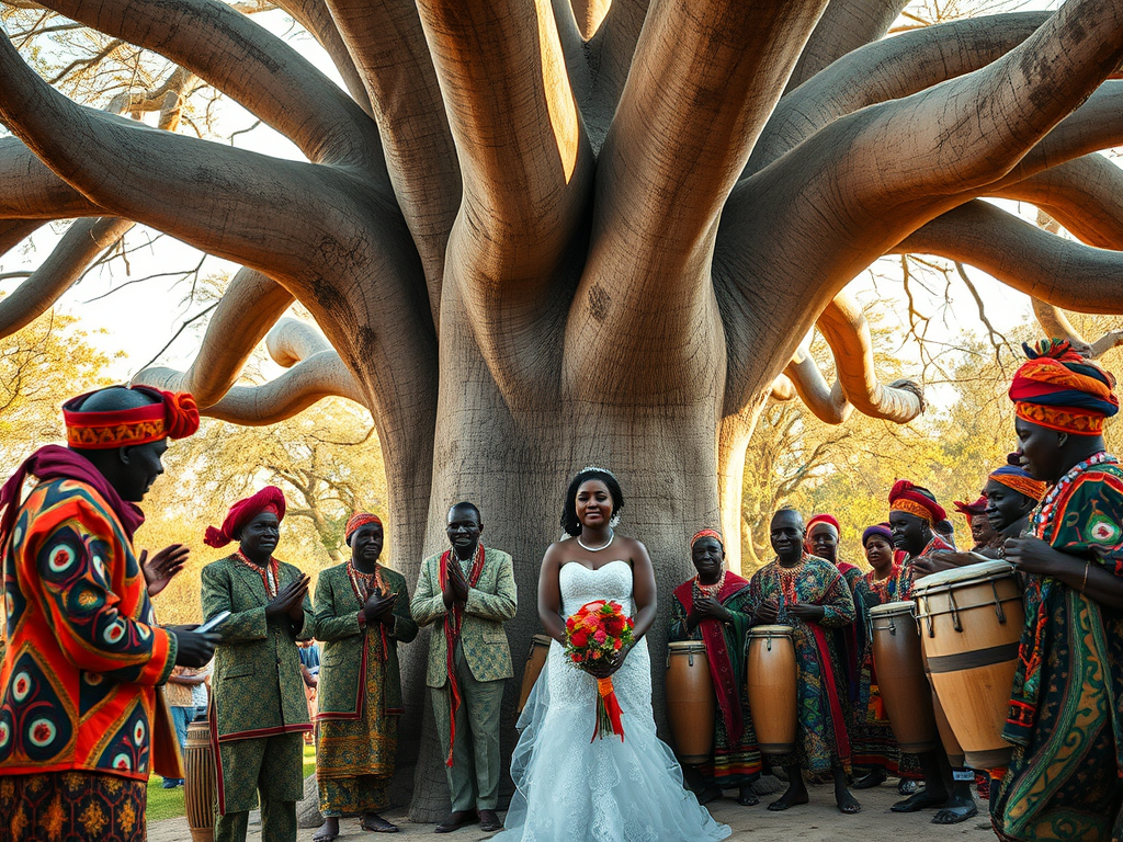 Image Prompt: "An African wedding ceremony under a baobab tree, with elders blessing the couple and drums playing."
