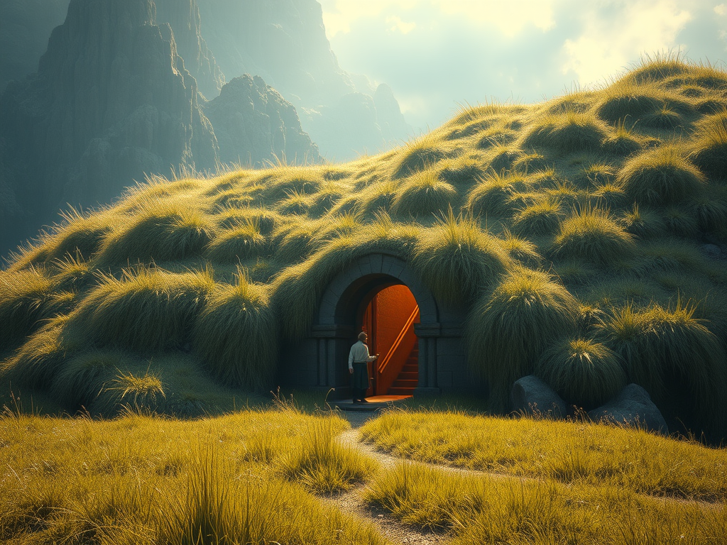  Image Prompt (Section 2): An ancient grassy mound opening to reveal a golden-lit fairy court inside, while a shepherd stands at the doorway with his pipes, torn between entering and fleeing.